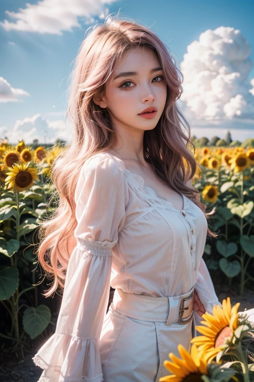 Light pink hair, Pink Eyes, Pink and white, Clouds in the blue sky, Vibrant colors, steampunk, blouse white、Paint splashes, Sunflower field, Wavy long hair、