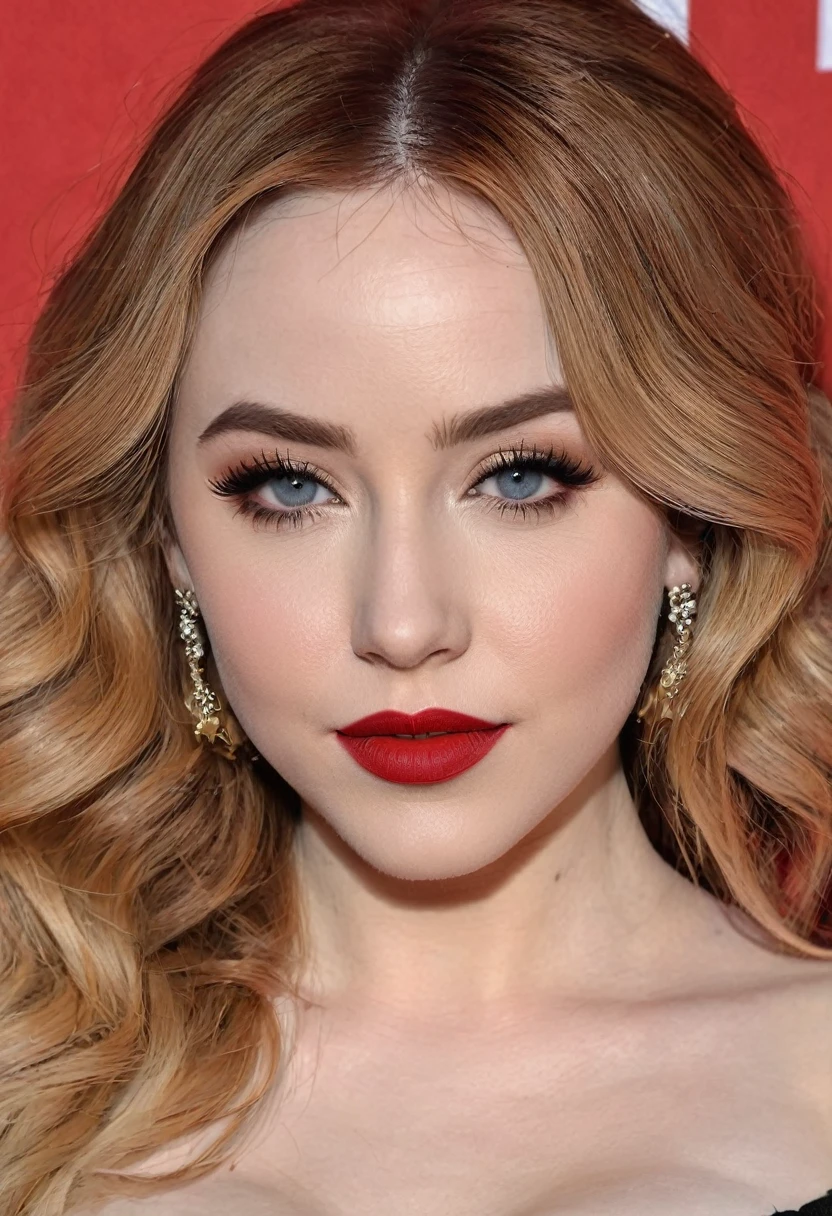 Waist-up shot of a beautiful female whose face combines features of Maitland Ward + Sabrina Carpenter. The female has lovely makeup on her face. The female wears red lipstick. Symmetrical eyes. Symmetrical face. Lovely details. Photorealistic. Full-colored photo. Professional photo. Highly detailed 8K.