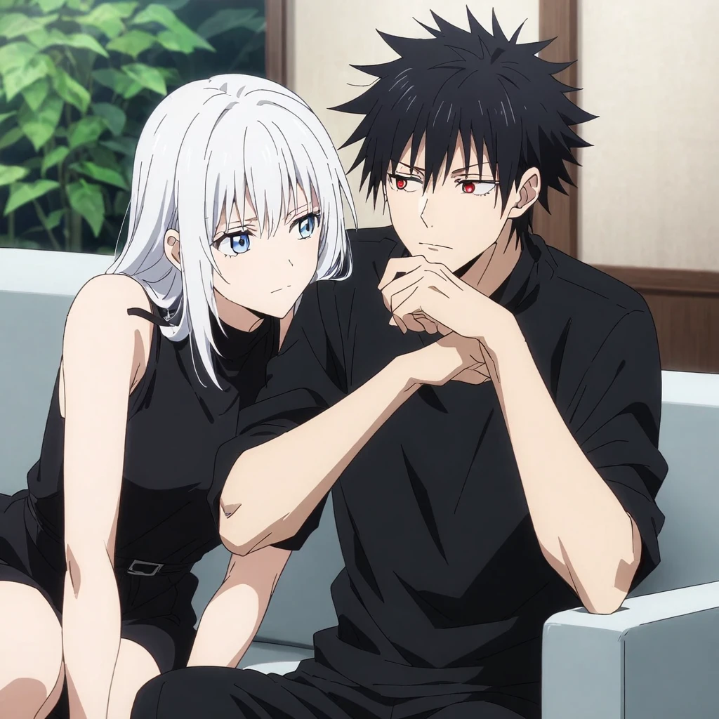 An anime-style image featuring two characters sitting closely together. The character on the left has spiky white hair, light blue eyes, and wears a black shirt. He is resting his chin on his hand while looking at the other character. The character on the right has long black hair, red eyes, and is dressed in a black outfit with a thin strap. She has a calm expression, and both of them are sitting on a couch in what seems to be an intimate setting.