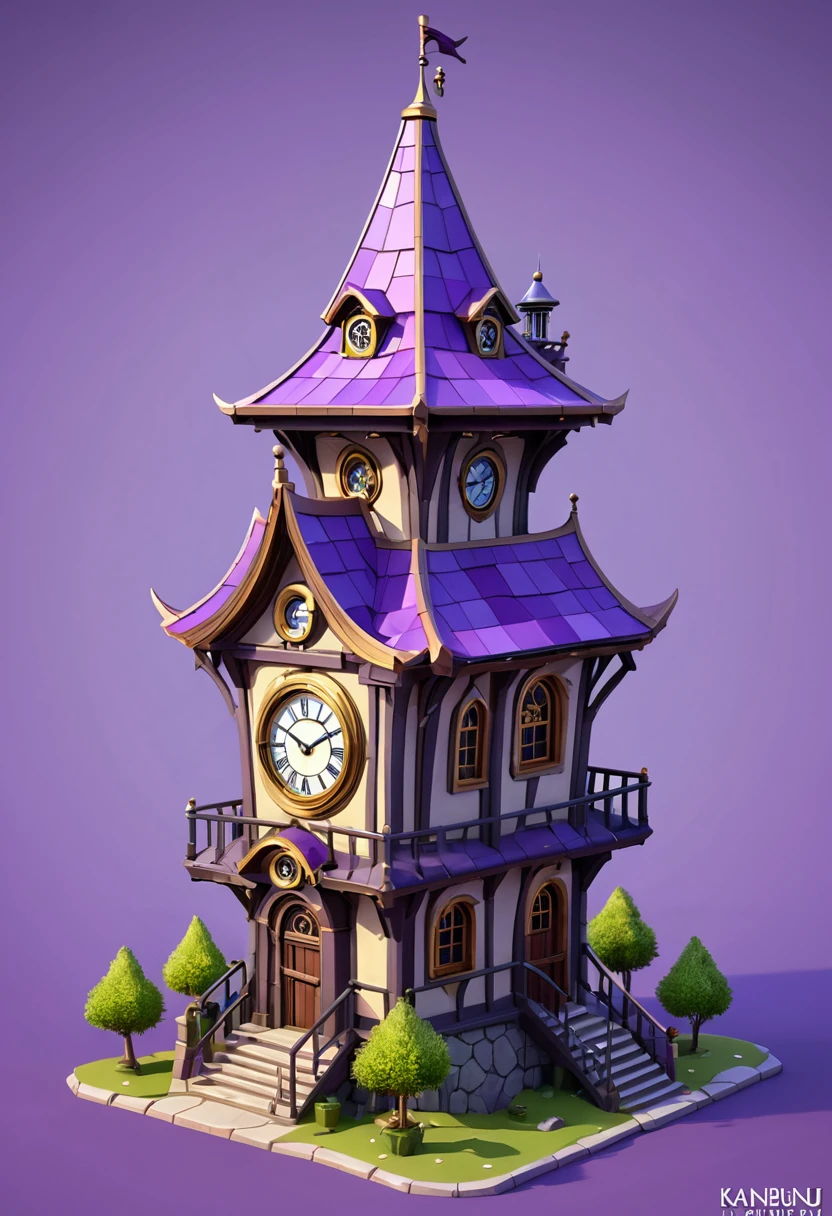 there is a small building with a purple roof and a clock on top, a low poly render by Kanbun Master, polycount contest winner, conceptual art, isometric view of a wizard tower, wizard's tower, fantasy building, wizard tower, 3 d render stylized, giant imposing steampunk tower, 3d rendered steampunk, stylized 3d render