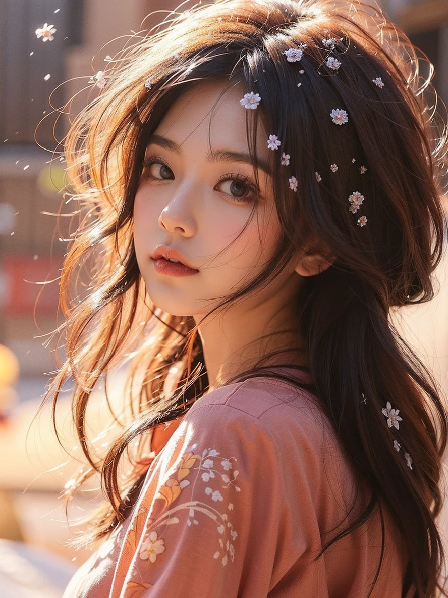 Beautiful Japanese waifu, early 30s, brunette hair, red yukata with flower patterns, in snow