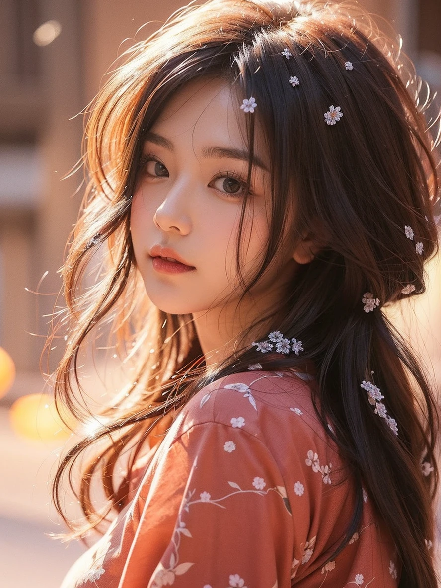 Beautiful Japanese waifu, early 30s, brunette hair, red yukata with flower patterns, in snow