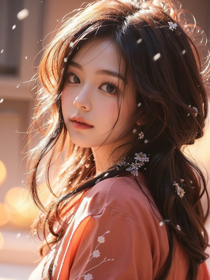 Beautiful Japanese waifu, early 30s, brunette hair, red yukata with flower patterns, in snow
