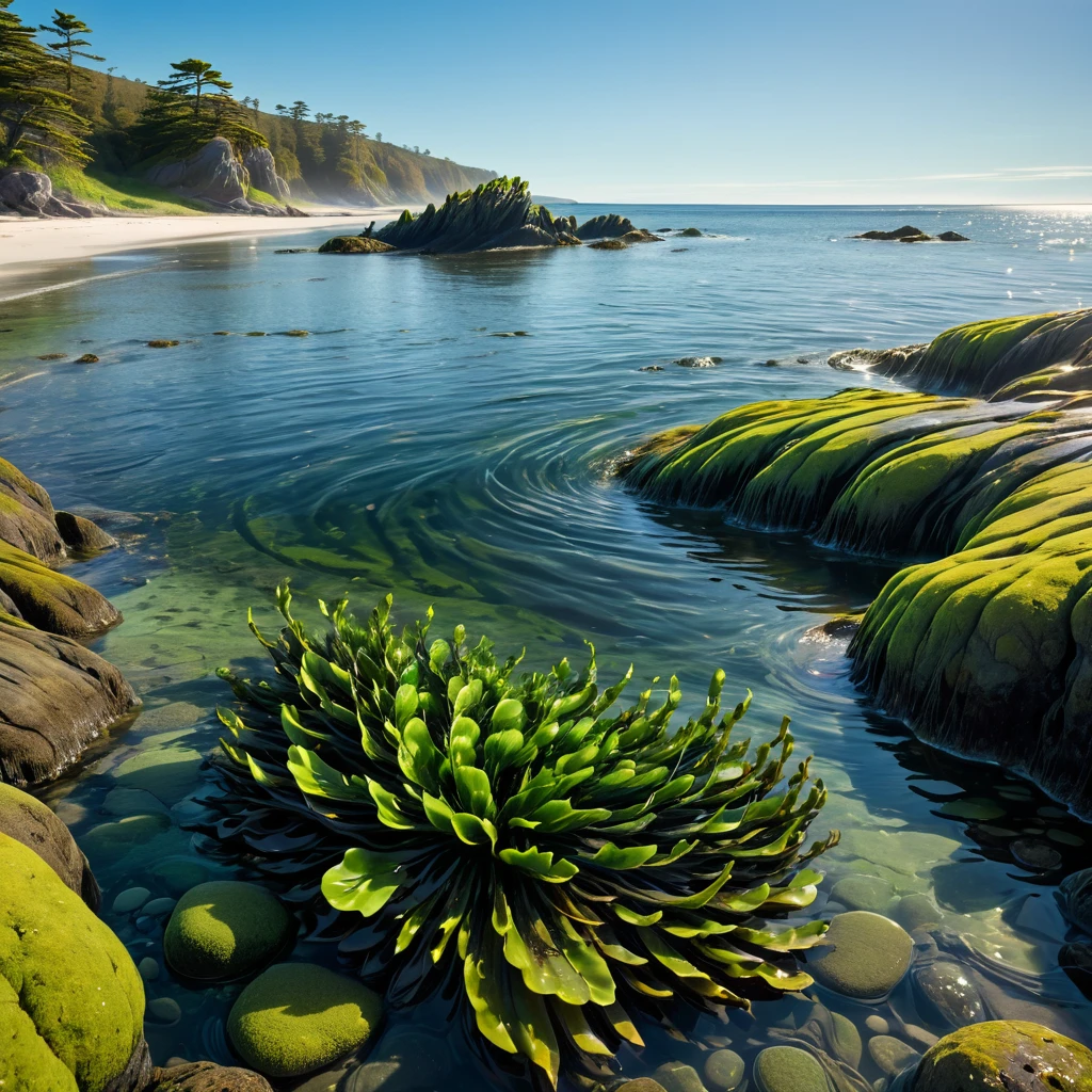 Create a close-up image of Bladder Wrack seaweed in the water along a rugged coastline. The scene should show the intricate details of the seaweed's long, green-brown fronds and its distinctive, bulbous air bladders. The water should be clear, allowing the textures and colors of the Bladder Wrack to be seen clearly. The fronds should be floating gracefully in the shallow, sunlit water, with the rocky shoreline visible in the background. Highlight the ethereal, almost otherworldly appearance of the seaweed as it glistens and sways gently in the current. The atmosphere should convey the serene and mystical beauty of the coastal environment, with the play of light and shadow on the water and the seaweed.