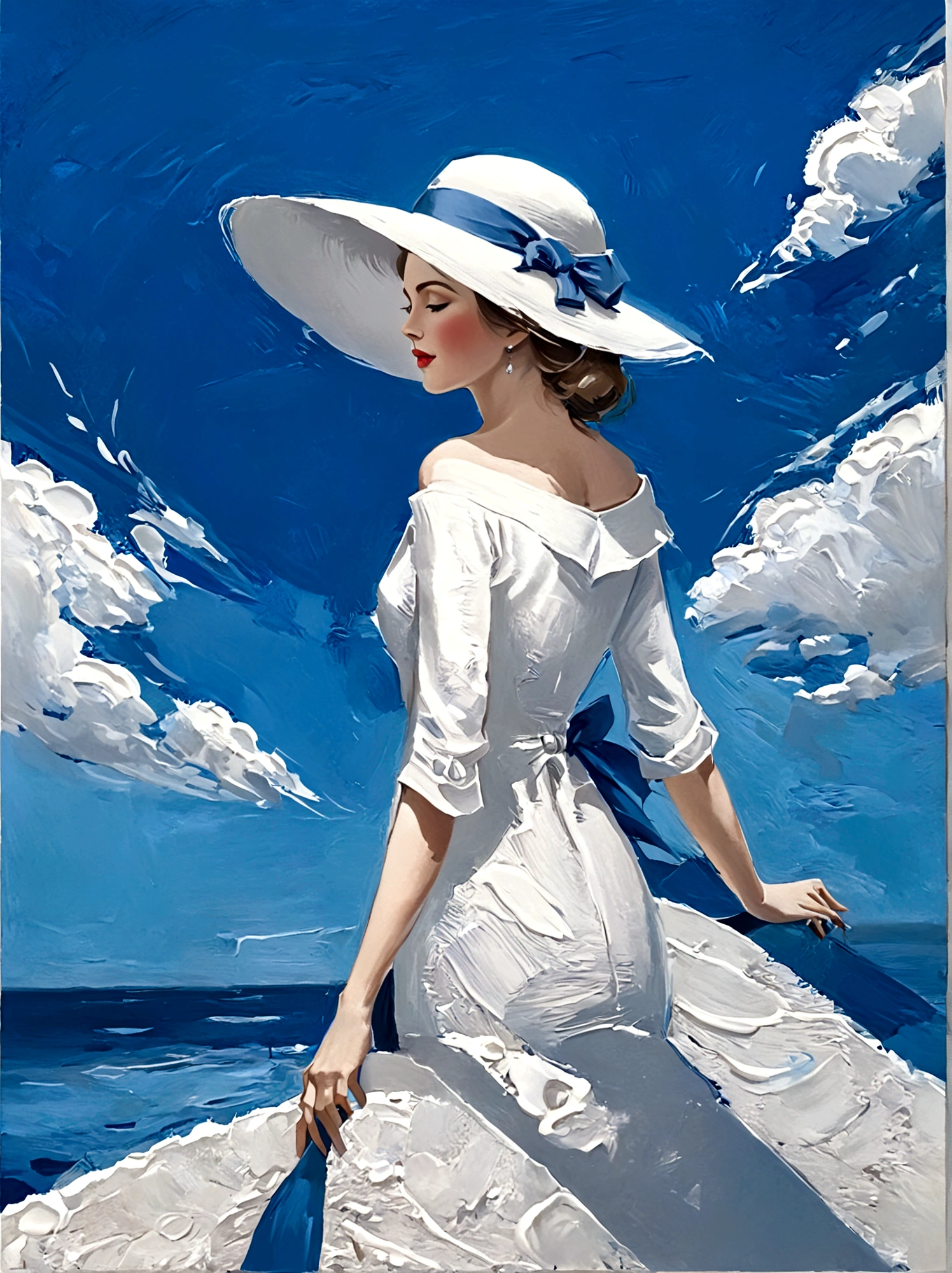 lady in hat,Perfect proportion,ocean,Blue sky,bright,White background,real,emotion,Thick textured paint,