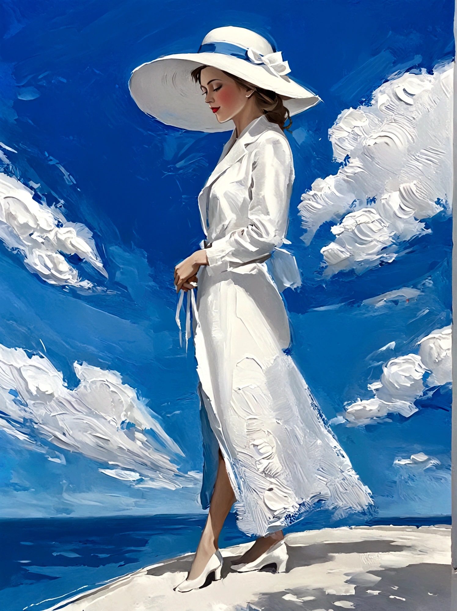 lady in hat，Perfect proportion，ocean，Blue sky，bright，White background，real，emotion，Thick textured paint, 