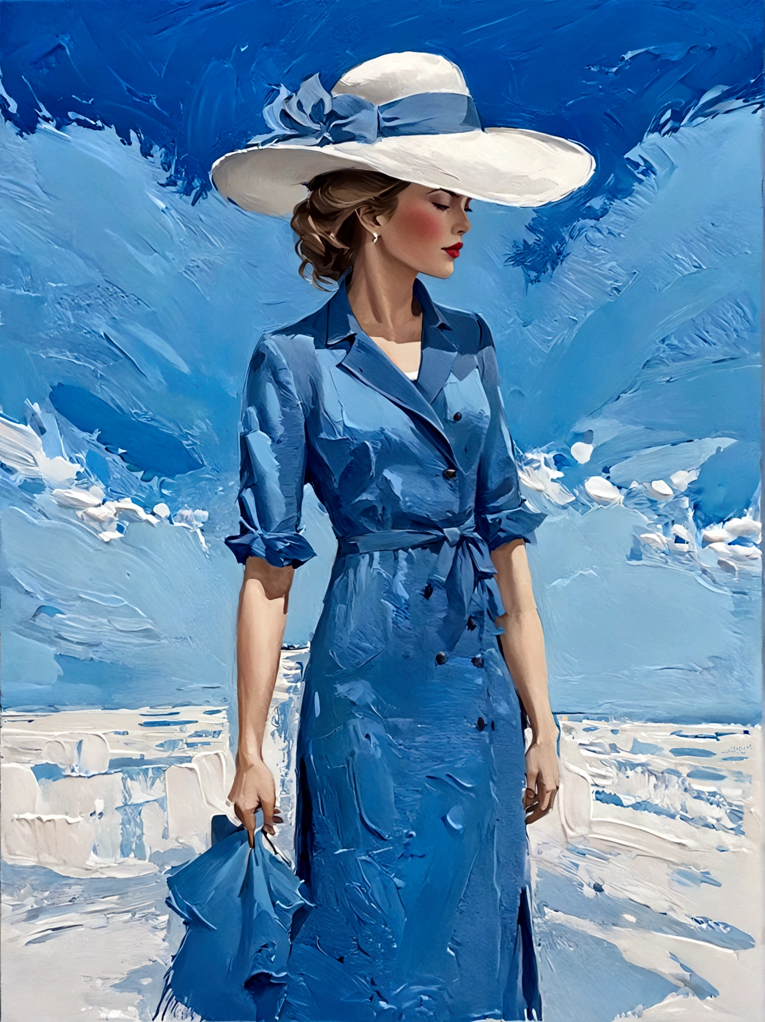lady in hat,Perfect proportion,ocean,Blue sky,bright,White background,real,emotion,Thick textured paint,