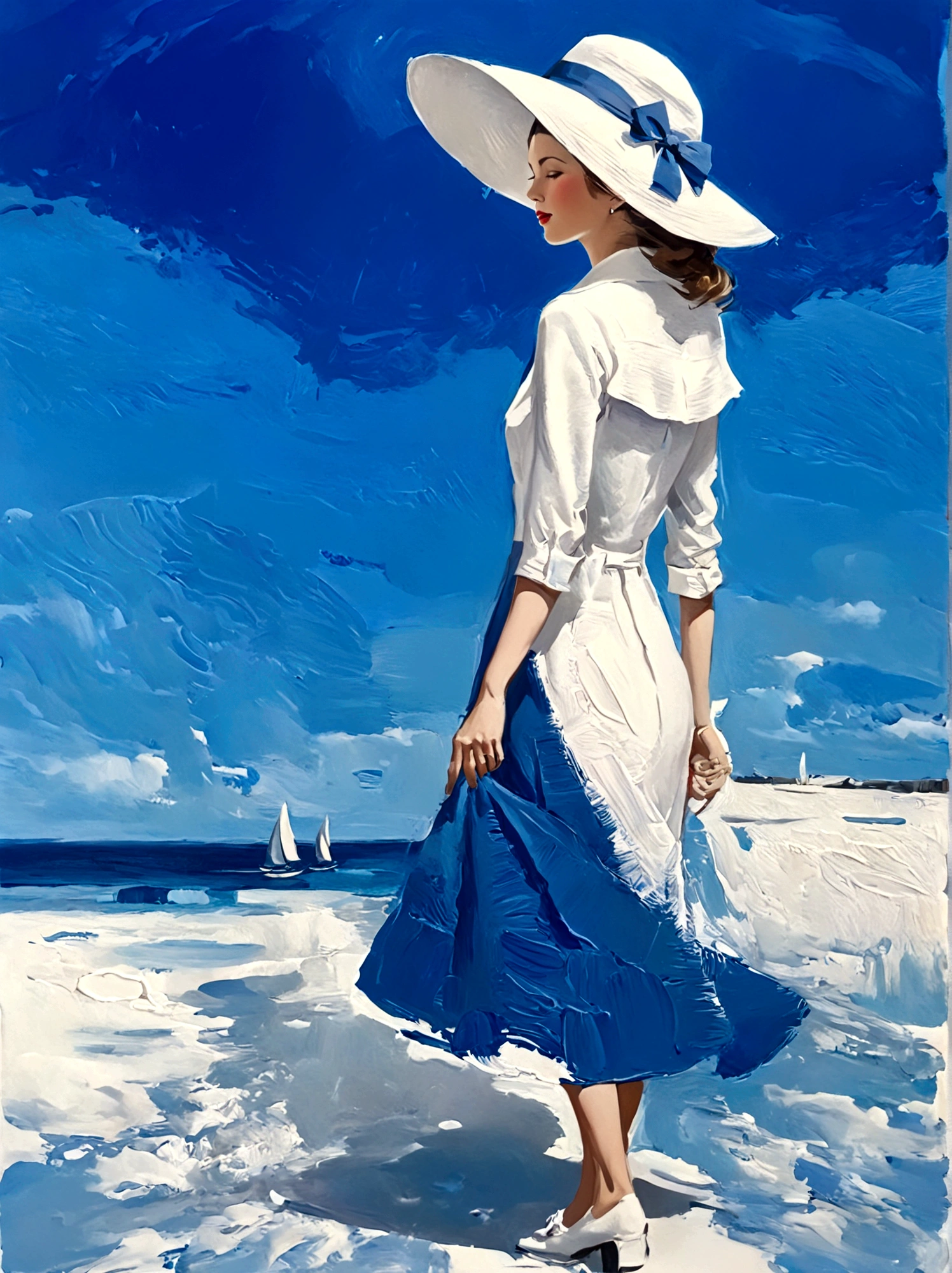lady in hat,Perfect proportion,ocean,Blue sky,bright,White background,real,emotion,Thick textured paint,