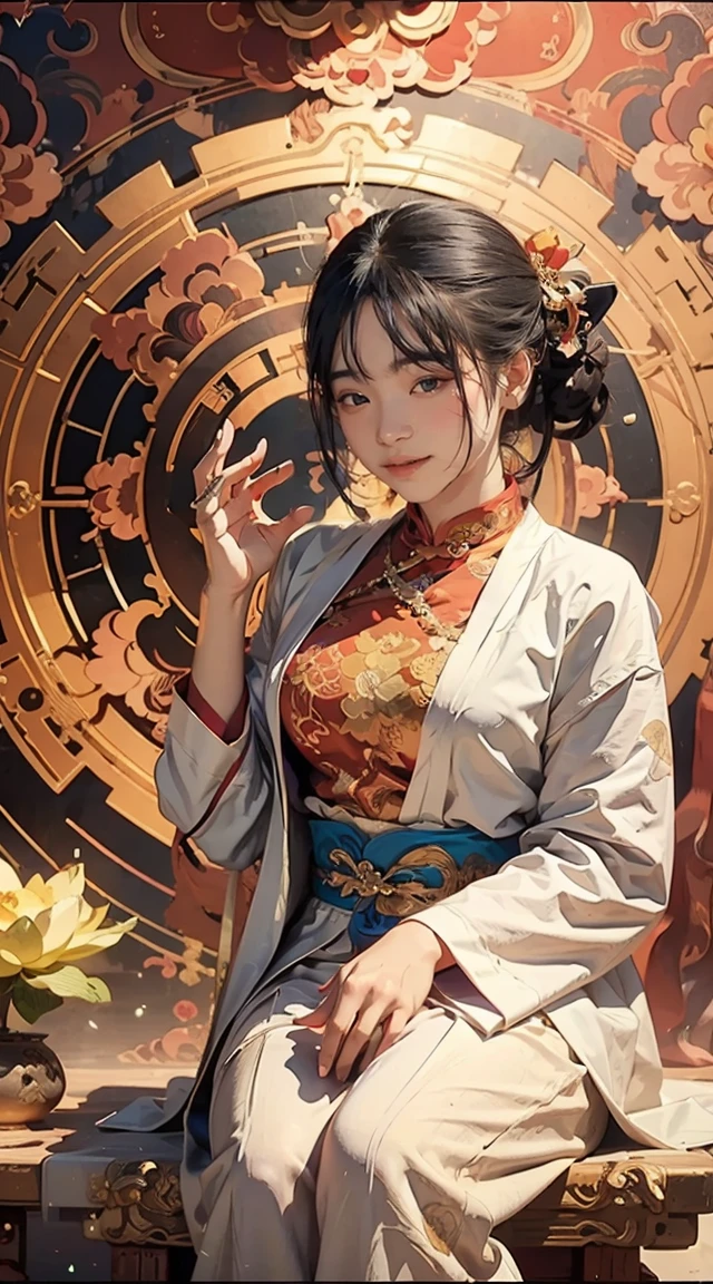(Chinese immortals), (Buddhism), Multip_Handythological stories), (bodhisattva), She sits on a lotus, (Three hands on the left,Three hands on the right, Each hand holds a different Buddhist vessel, left right symmetry),(Delicate and beautiful face), (White silk robe)sitting on a lotus flower, Frontal photo,Light smile, neo-classical, OP Art, Chiaroscuro, Cinematic lighting, god light, Ray tracing, character sheets, projected inset, first person perspective, hyper HD, Masterpiece, ccurate, Textured skin, Super detail, High details, High quality, Award-Awarded, Best quality, A high resolution, 8K