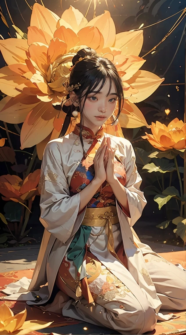 (Chinese immortals), (Buddhism), Multip_Handythological stories), (bodhisattva), She sits on a lotus, (Three hands on the left,Three hands on the right, Each hand holds a different Buddhist vessel, left right symmetry),(Delicate and beautiful face), (White silk robe)sitting on a lotus flower, Frontal photo,Light smile, neo-classical, OP Art, Chiaroscuro, Cinematic lighting, god light, Ray tracing, character sheets, projected inset, first person perspective, hyper HD, Masterpiece, ccurate, Textured skin, Super detail, High details, High quality, Award-Awarded, Best quality, A high resolution, 8K