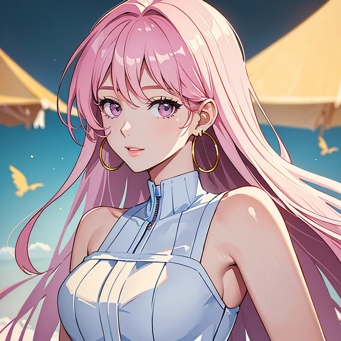 (masterpiece, high quality, best quality, 4k, 8k:1.4), 1girl, solo, pink hair, brown eyes, double-parted bangs, long hair, (mature female, mature:1.2), mole under eye, hoop earrings, strap white dress, detailed face, beautiful detailed eyes, beautiful detailed lips, extremely detailed face, long eyelashes, intricate details, soft lighting, soft color pallette, perfect anatomy