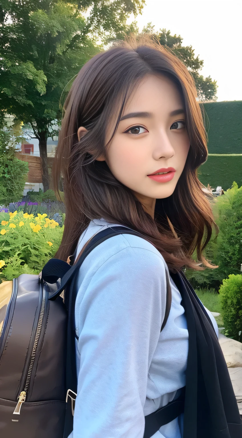 (night, need, 8K, masterpiece:1.3)), Full Body Lesbian, Long legs, Four Colors:1.2, Beautiful woman with perfect figure:1.4, Slim Abs:1.1, ((Dark brown hair, Big cities:1.2 )), (Harness,shirt,Side Head:1.2,), ((garden, :1.3)), Highly detailed face and skin texture, Detailed eyes, double eyelid,long hair flying,Backpack,Mountaineering