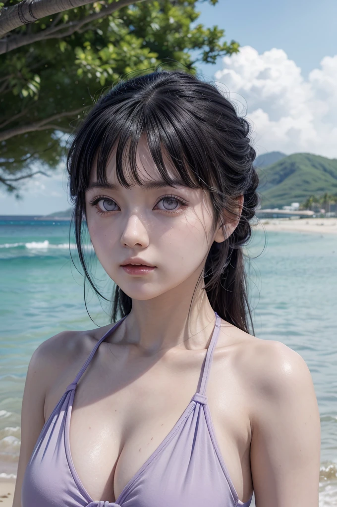 Hinata from naruto, realistic, age 25, pure white skin, white eyes, black long bangs, hair, perfect face, perfect shape body, large breasts, purple clothes covered upper body, 3d, posing to viewer, beach background.
