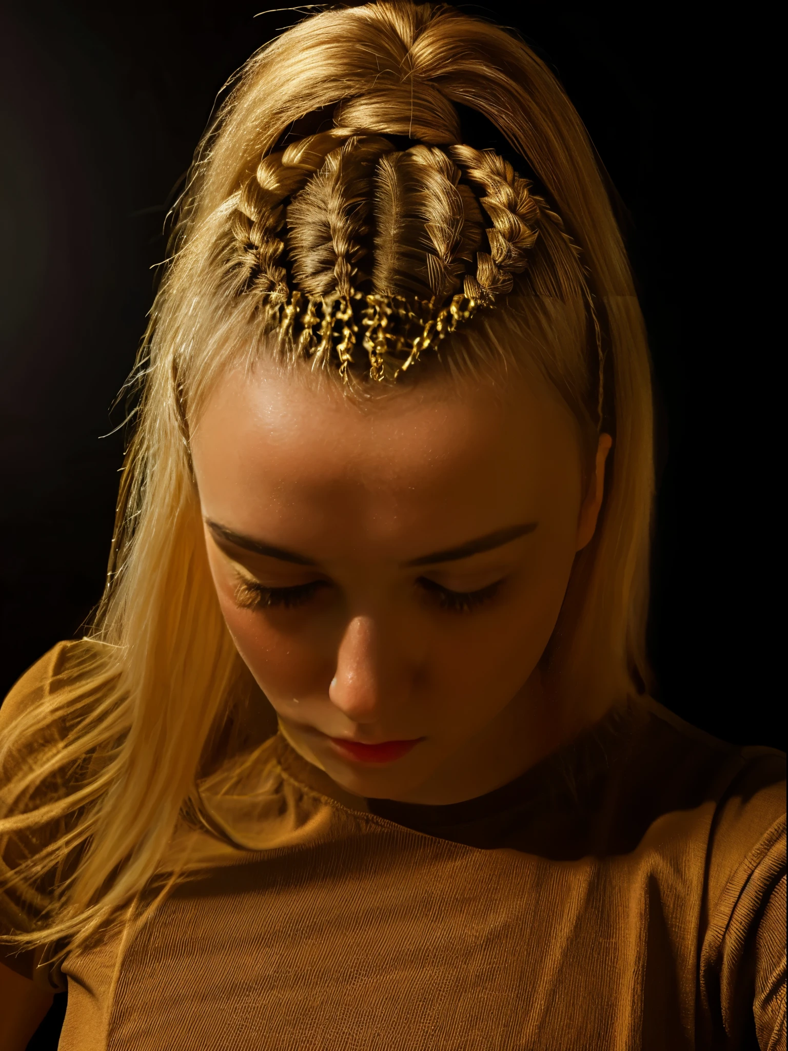 Top view. close up portrait of a Beautiful Russian woman with blonde hair. short braids, short hair, blue T-shirt. Pale skin. hair with braids. [The character is surrounded by mist, evoking a mysterious and eerie atmosphere. The lighting is dark and atmospheric, with a red smoke adding a touch of sinister ambiance. The image is of the best quality, with a resolution of 4k and HDR enhancement, showcasing the utmost level of detail and realism, sfw, full body shot.]. [8K, Best Quality, Masterpiece, Ultra High Resolution, (highly detailed CG unity 8k wallpaper), (best photo), (best shadows), isometric 3D, octane rendering, ray tracing, highly detailed, (Best quality, 4K, 8k, A high resolution, masterpiece:1.2), absurdity, ultra detailed, (realistic, photorealistic, photorealistic:1.37), complex parts, HDR, (complex parts:1.12), (hyper detailed, hyper realistic, Soft lighting, spicy:1.2), (complex parts, Hyper detailed:1.15). Blurred foreground. (backlit), realistic, masterpiece, high quality, brightness, chromatic aberration, 8k uhd, some smoke, shadows, contrast, clear sky, (warm hue, warm tone), high details, natural reflections]. 