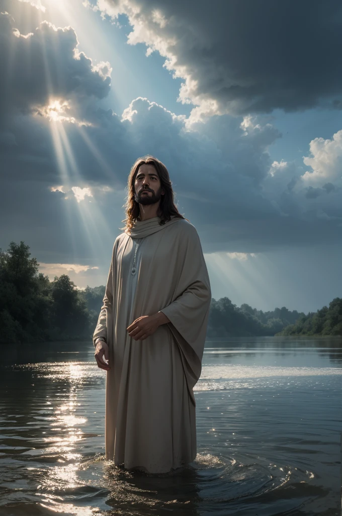 JesusChrist, over water high quality realistic image with skies falling rays