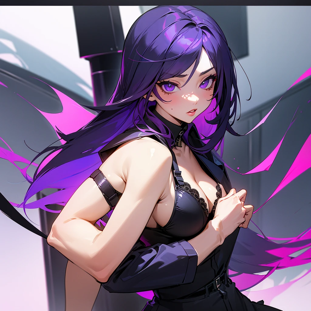 Sexy police officer big attributes lingerie police officer violet eyes purple hair with black gradient strands in thong black lingerie 
