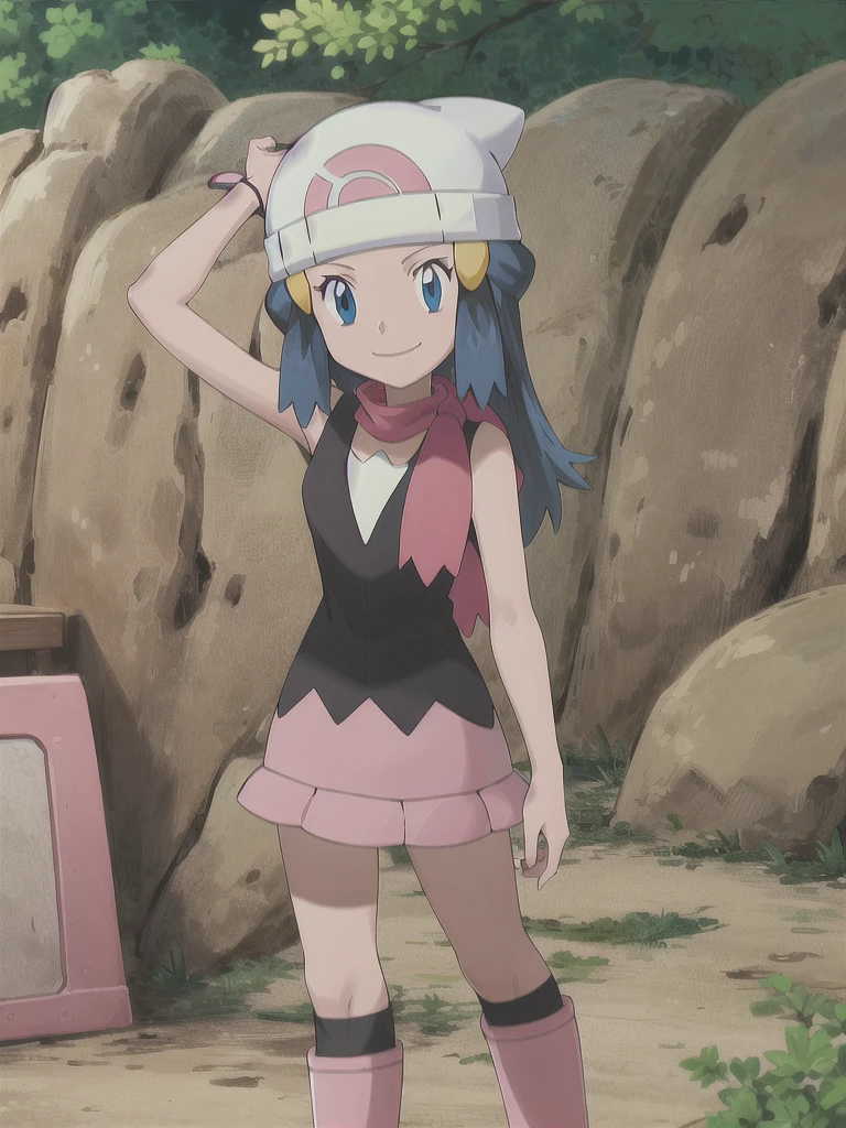 masterpiece, best quality, 1girl, dawn \(pokemon\), beanie, long hair, blue hair, blue eyes, black sleeveless shirt, pink scarf, pink skirt, pink boots, smile, looking at viewer, forest background 