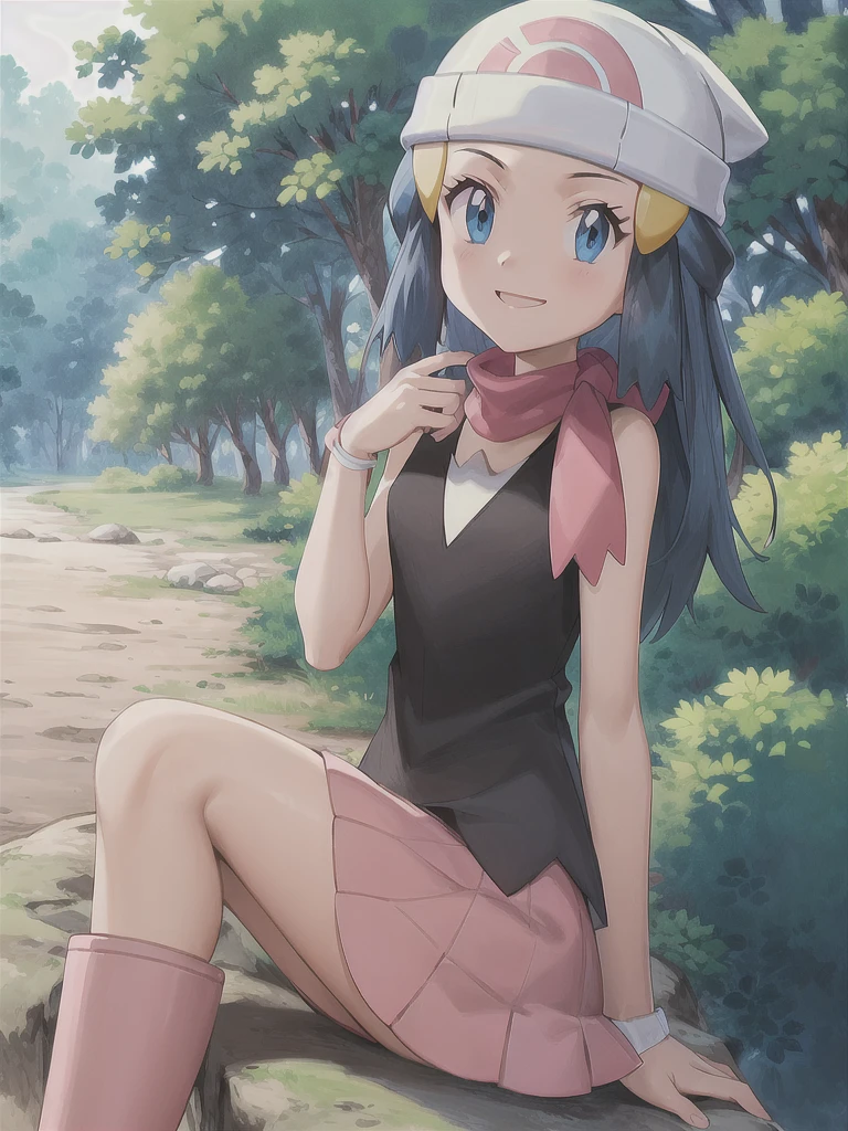 masterpiece, best quality, 1girl, dawn \(pokemon\), beanie, long hair, blue hair, blue eyes, black sleeveless shirt, pink scarf, pink skirt, pink boots, smile, looking at viewer, forest background