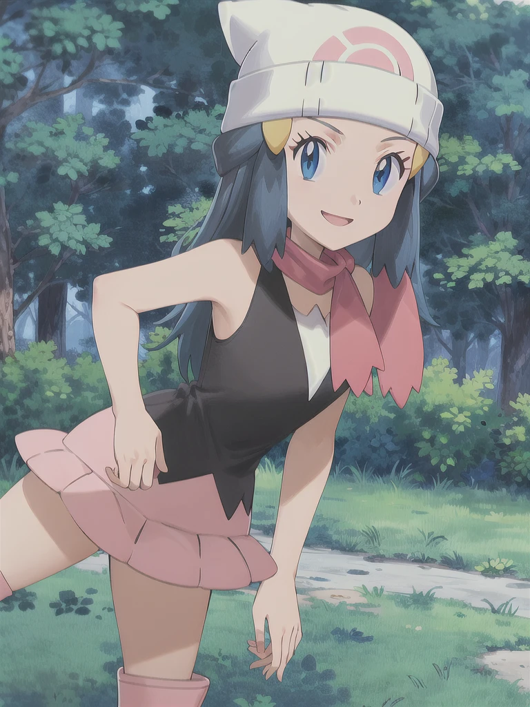 masterpiece, best quality, 1girl, dawn \(pokemon\), beanie, long hair, blue hair, blue eyes, black sleeveless shirt, pink scarf, pink skirt, pink boots, smile, looking at viewer, forest background