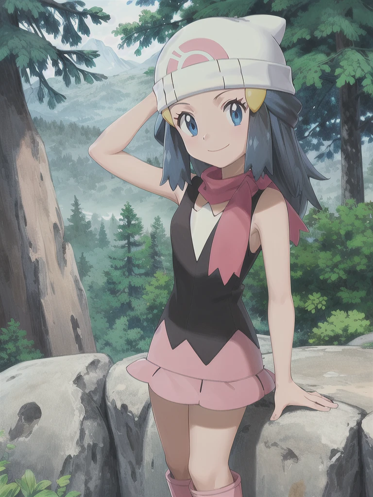 masterpiece, best quality, 1girl, dawn \(pokemon\), beanie, long hair, blue hair, blue eyes, black sleeveless shirt, pink scarf, pink skirt, pink boots, smile, looking at viewer, forest background