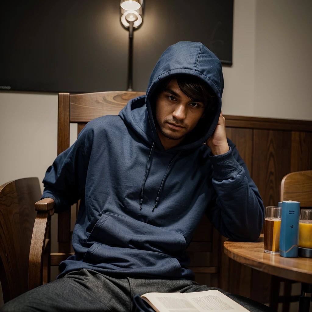 A man is sitting with chair and table to tell stories and he don't wanna show his face and he is wearing a hoodie