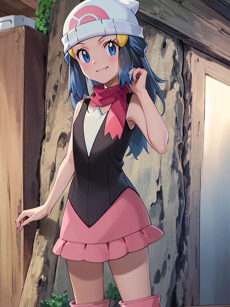 masterpiece, best quality, 1girl, dawn \(pokemon\), beanie, long hair, blue hair, blue eyes, black sleeveless shirt, pink scarf, pink skirt, pink boots, smile, looking at viewer, forest background