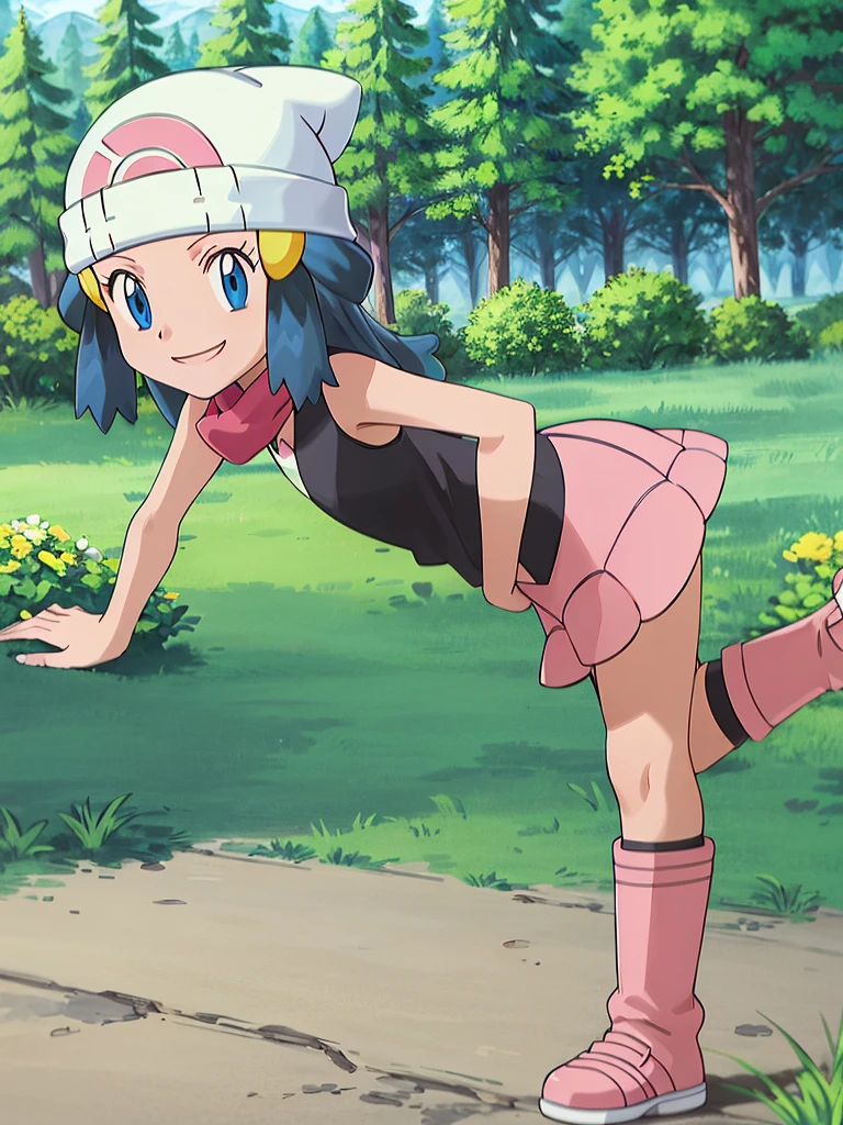 masterpiece, best quality, 1girl, dawn \(pokemon\), beanie, long hair, blue hair, blue eyes, black sleeveless shirt, pink scarf, pink skirt, pink boots, smile, looking at viewer, forest background