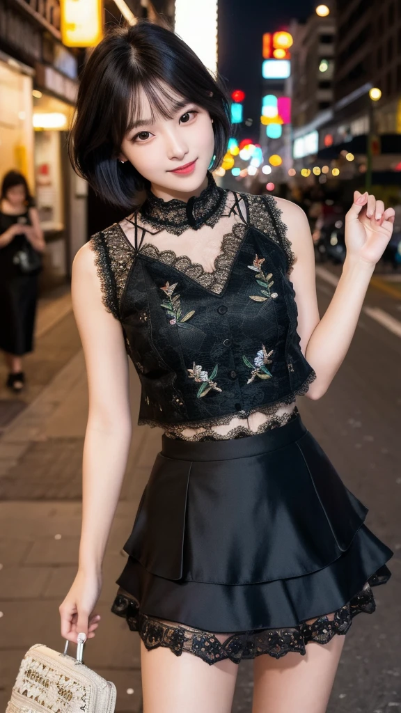 (8K, Photorealistic, Raw photo, Highest quality: 1.4),Japanese idol-style beautiful girl,1 person,18-year-old,(Short Bob),(Black Hair :1.1),She has her hair tucked behind her ears,Clear grey eyes,Long eyelashes,(piercings(small)),(Lip gloss),lips(Plump,glossy),thin long neck,(camisole),(flare skirt(Layered lace)),pumps,(Sleeveless jacket((Lace embroidery),(Mesh))Layering),Night in the city,Date with boyfriend,Smiling at the camera,Full body portrait