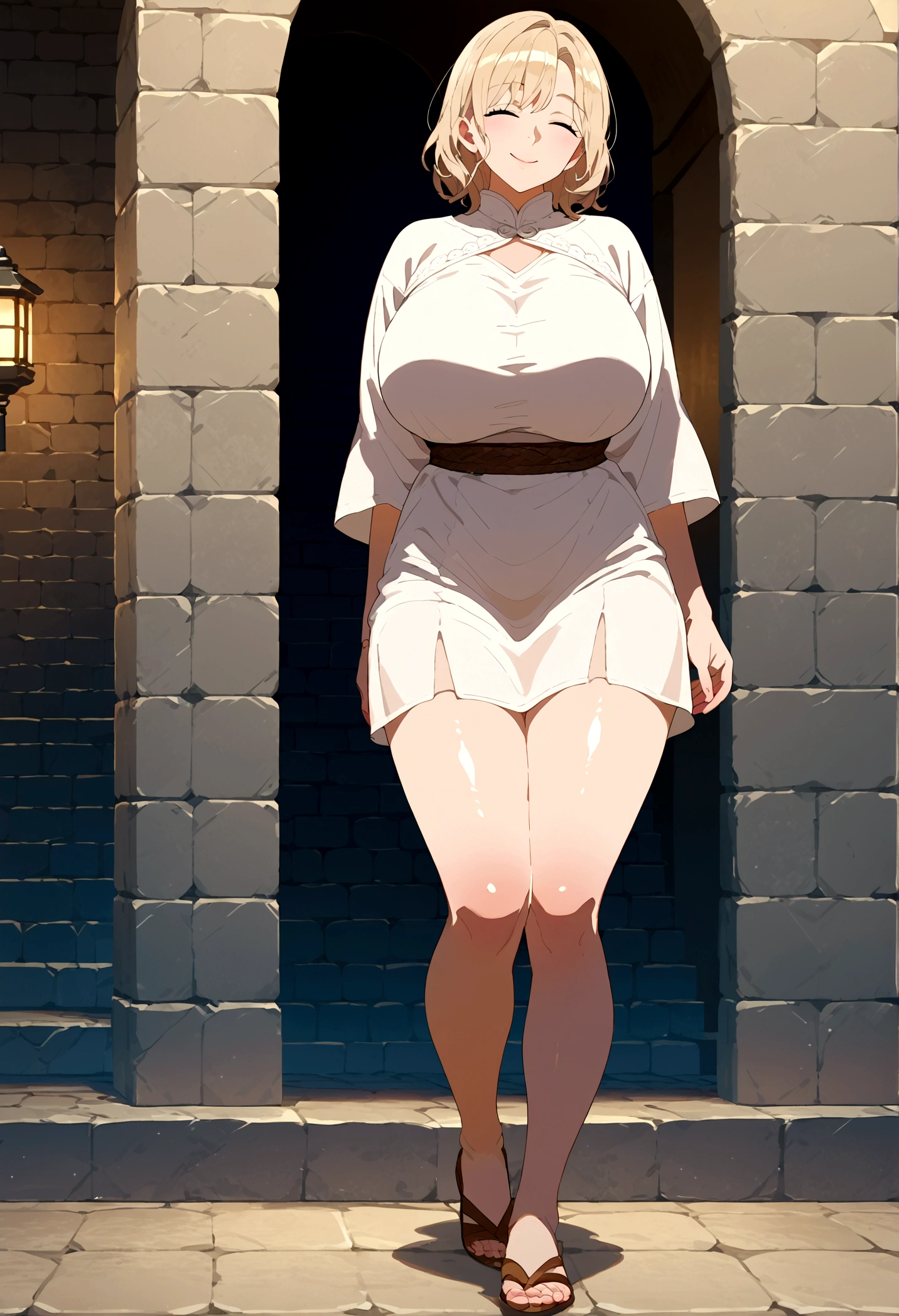 score_9, score_8_up, score_7_up, source_anime, intricate details, anime screencap, official style, 1girl, falin, closed eyes, medium hair, mature woman, big breasts, dungeon background, frontal view, full body, barefeet, bare thighs, big , open eyes, smiling