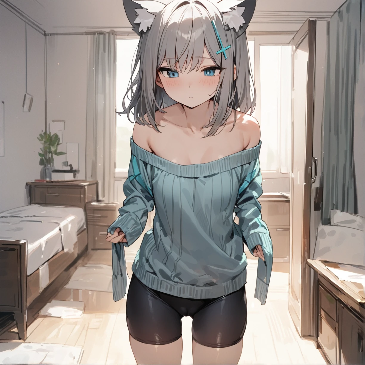 masterpiece, One girl, emotionless, Shiroko \(Blue Archive\)、Blue eyes、Grey Hair、Medium-long hair、Wolf Ears、Are standing, Medium chest, Bike Shorts, Knitted sweater, Exposed shoulders, Cowboy boots, in, indoor, Bedroom