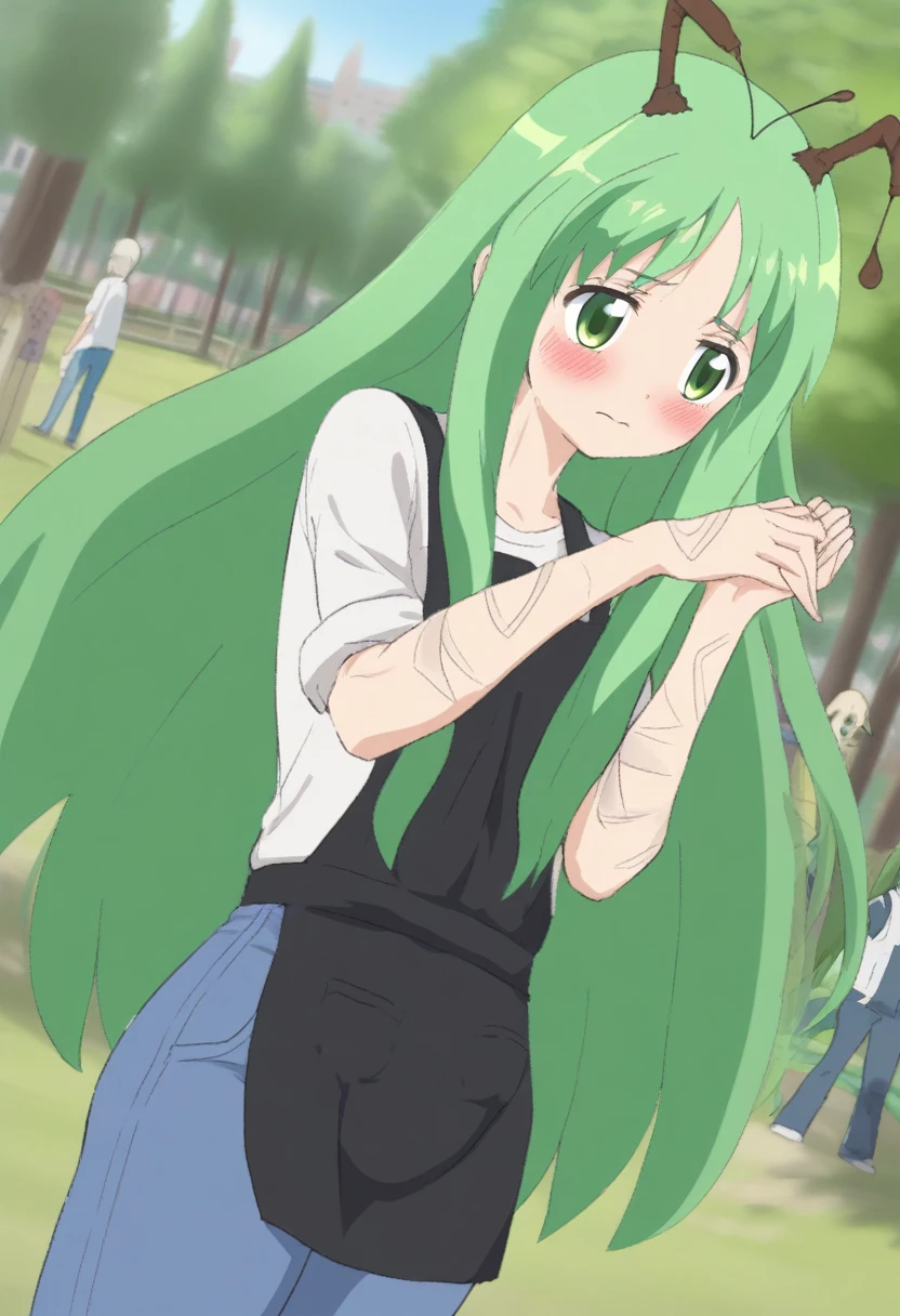 {{portrait, dutch angle}} {{Artist: Sincos}} 1female, mature female, 4 arms, segmented arms, tall, insect girl, bug wings, green eyes, carapace, chitin, antennae, green carapace, green hair, long hair, cute, flustered, day, park, black apron, blue jeans, white shirt, 