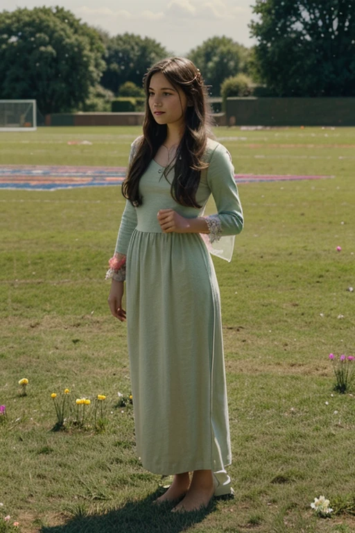 Illustration for a fairy tale about a girl, standing on the field and able to speak with flowers