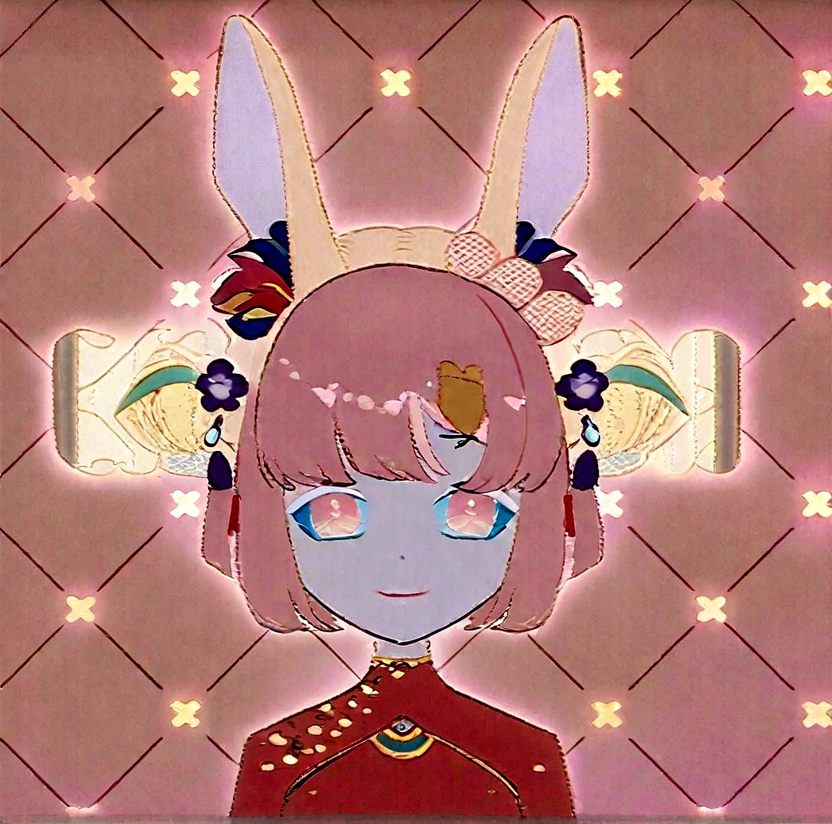 a girl with a bunny ears and a red dress with flowers in her hair and a name on the side of her head, Fan Qi, character portrait, a character portrait, cloisonnism