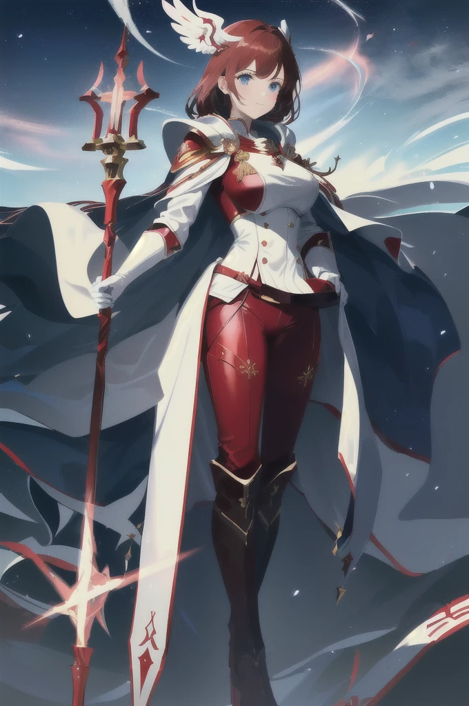 a close up of a woman in a red outfit holding a Staff, white and red armor, Mage, white helmet with wings, brown hair, blue eyes, black boots, dark red long pants, white clothes