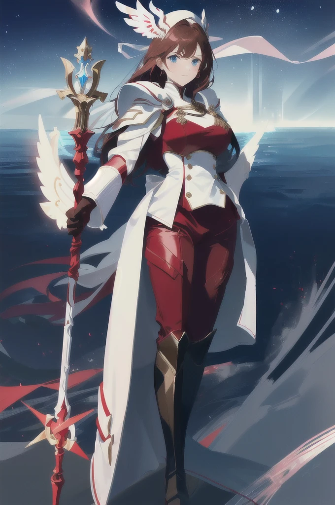 a close up of a woman in a red outfit holding a Staff, white and red armor, Mage, white helmet with wings, brown hair, blue eyes, black boots, dark red long pants, white clothes