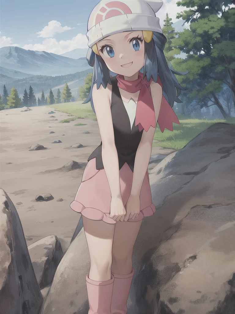 masterpiece, best quality, 1girl, dawn \(pokemon\), beanie, long hair, blue hair, blue eyes, black sleeveless shirt, pink scarf, pink skirt, pink boots, smile, looking at viewer, forest background