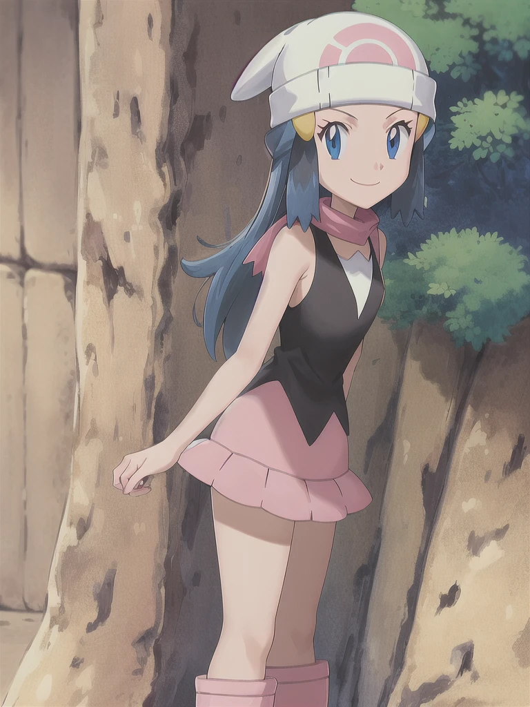 masterpiece, best quality, 1girl, dawn \(pokemon\), beanie, long hair, blue hair, blue eyes, black sleeveless shirt, pink scarf, pink skirt, pink boots, smile, looking at viewer, forest background