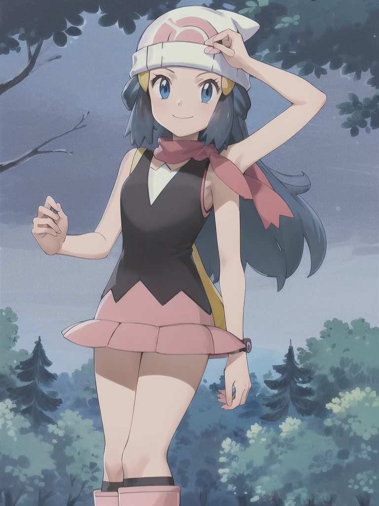 masterpiece, best quality, 1girl, dawn \(pokemon\), beanie, long hair, blue hair, blue eyes, black sleeveless shirt, pink scarf, pink skirt, pink boots, smile, looking at viewer, forest background