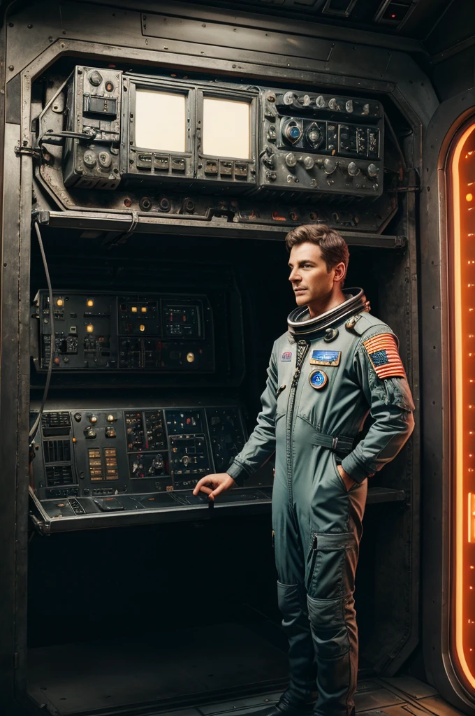 a space pilot observing the old control panel of his spacecraft, realistic image, HD, size 1920 x 1080 px, 4k