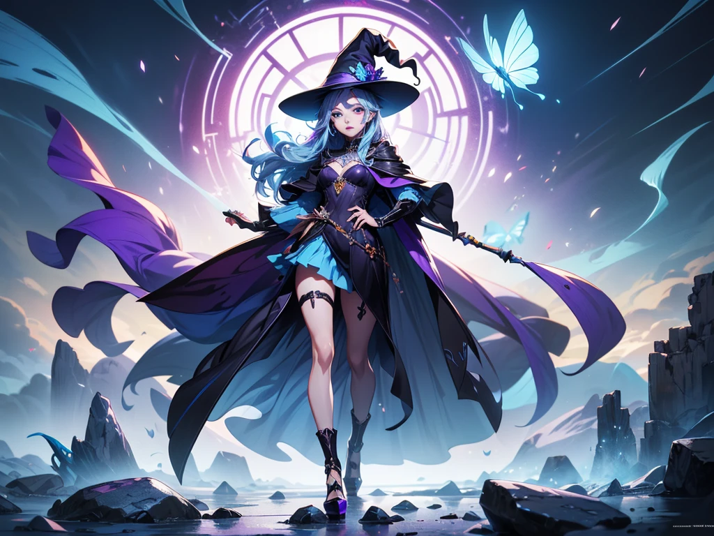 In the middle of so the storm on the stone field stand beatiful witch, she have a beautiful face with blue eyes shining purple lipstick and purple eye shadows, she have long blue hair with purple highlights, she dressed in black long coat short skirt high heels shoes and witch hat on her head , there is lighning butterflys fly all around her, (ultra high quality fantasy art, anime fantasy style, masterpiece, ultra high quality character design, 8k quality anime art, realistic anime art, top quality wallpaper illustration, detailed ultra high quality accurate face, high quality design and accurate physic)