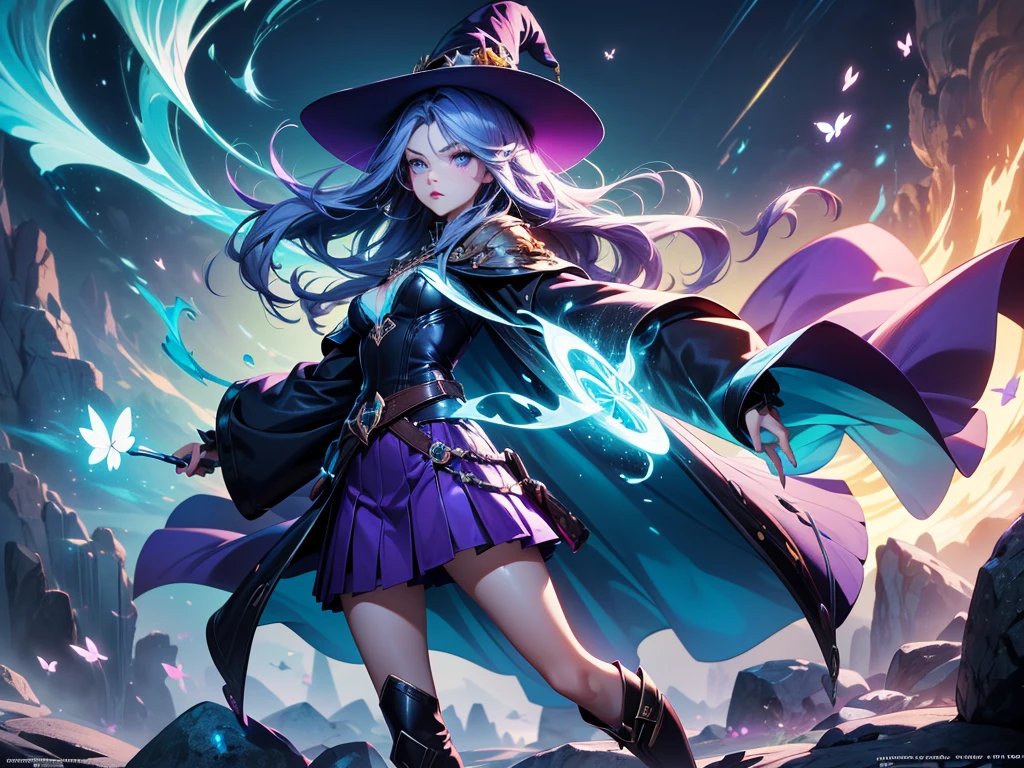 In the middle of so the storm on the stone field stand beatiful witch, she have a beautiful face with blue eyes shining purple lipstick and purple eye shadows, she have long blue hair with purple highlights, she dressed in black long coat short skirt high heels shoes and witch hat on her head , there is lighning butterflys fly all around her, (ultra high quality fantasy art, anime fantasy style, masterpiece, ultra high quality character design, 8k quality anime art, realistic anime art, top quality wallpaper illustration, detailed ultra high quality accurate face, high quality design and accurate physic)
