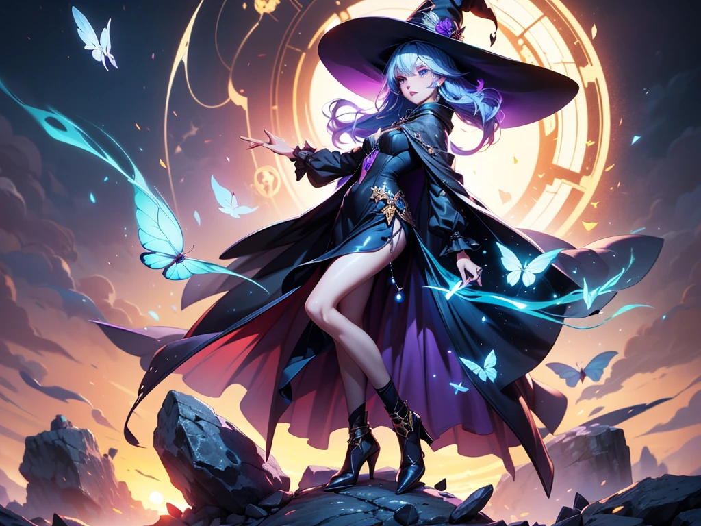 In the middle of so the storm on the stone field stand beatiful witch, she have a beautiful face with blue eyes shining purple lipstick and purple eye shadows, she have long blue hair with purple highlights, she dressed in black long coat short skirt high heels shoes and witch hat on her head , there is lighning butterflys fly all around her, (ultra high quality fantasy art, anime fantasy style, masterpiece, ultra high quality character design, 8k quality anime art, realistic anime art, top quality wallpaper illustration, detailed ultra high quality accurate face, high quality design and accurate physic)