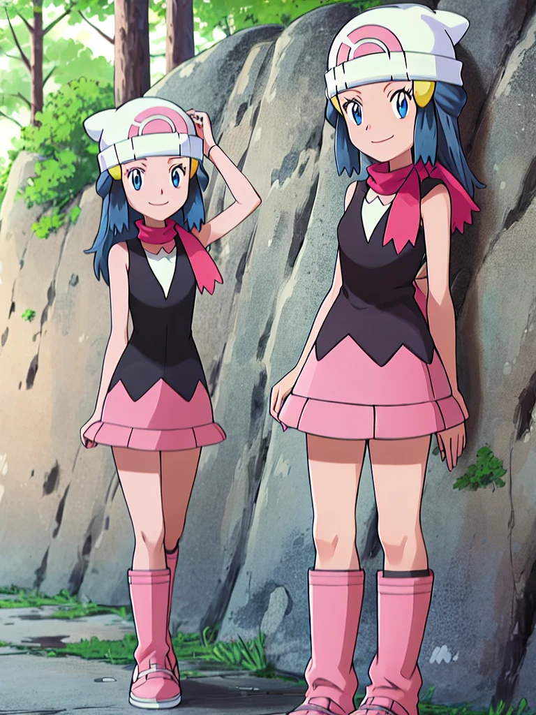 masterpiece, best quality, 1girl, dawn \(pokemon\), beanie, long hair, blue hair, blue eyes, black sleeveless shirt, pink scarf, pink skirt, pink boots, smile, looking at viewer, forest background