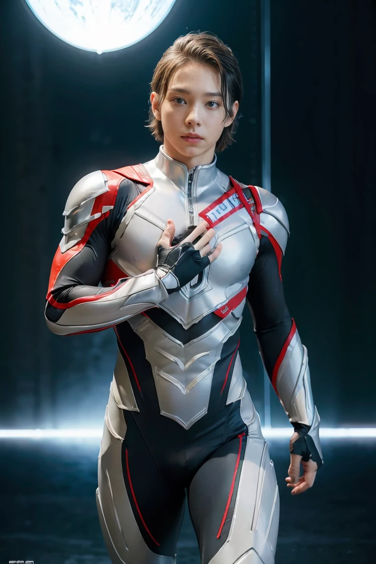 Ultraman, realistic, realistic, movie lights, young man in shiny red and silver suit, 15 years old, professional photo, skin exposed, Japanese model, Japanese CGI, sexy Ultraman suit, Power Rangers set, tight thin cyber suit, with elastic all over, delicate body, small butt, muscle, abs, lewd mark, groin tattoo, thin waist, exposed belly cyber suit on both sides skin tight, slanted eyes, sharp gaze, ponytail hair, facing forward, standing facing forward, glowing sphere embedded in chest, essay exam, blue sky background, Young beautiful boy, young handsome boy, Ultraman Boy personification, Ultraman-colored latex, Ultraman-colored rubber bodysuit, Ultraman color suit, Ultraman body suit, muscles, abs, mask off Ultraman Boy, Ultraman Boy without mask, Ultraman Boy suit, Ultraman Boy cosplay, Ultraman Boy costume, 15 year old boy's body, Ultraman Boy with face exposed, Ultraman without mask Boy, Ultraman without mask, medium-length hair, ponytail hair, color timer on chest, energy drain on chest, Ultraman Boy, boy's face, young boy with long hair, Ultraman Boy cosplayer, exposed face, 13 to 15 years old Boy, young boy's face, high definition, highest quality, best masterpiece, highest clarity, highest resolution, 8K, 16K, 32K, CG art, highest detail, Full body shot, full body view, Belly-baring Ultraman-colored bodysuit, belly-baring Ultraman-colored bodysuit, revealing bodysuit, lewd mark, crotch tattoo, abdominal muscle openwork bodysuit, abdominal muscle visible bodysuit,