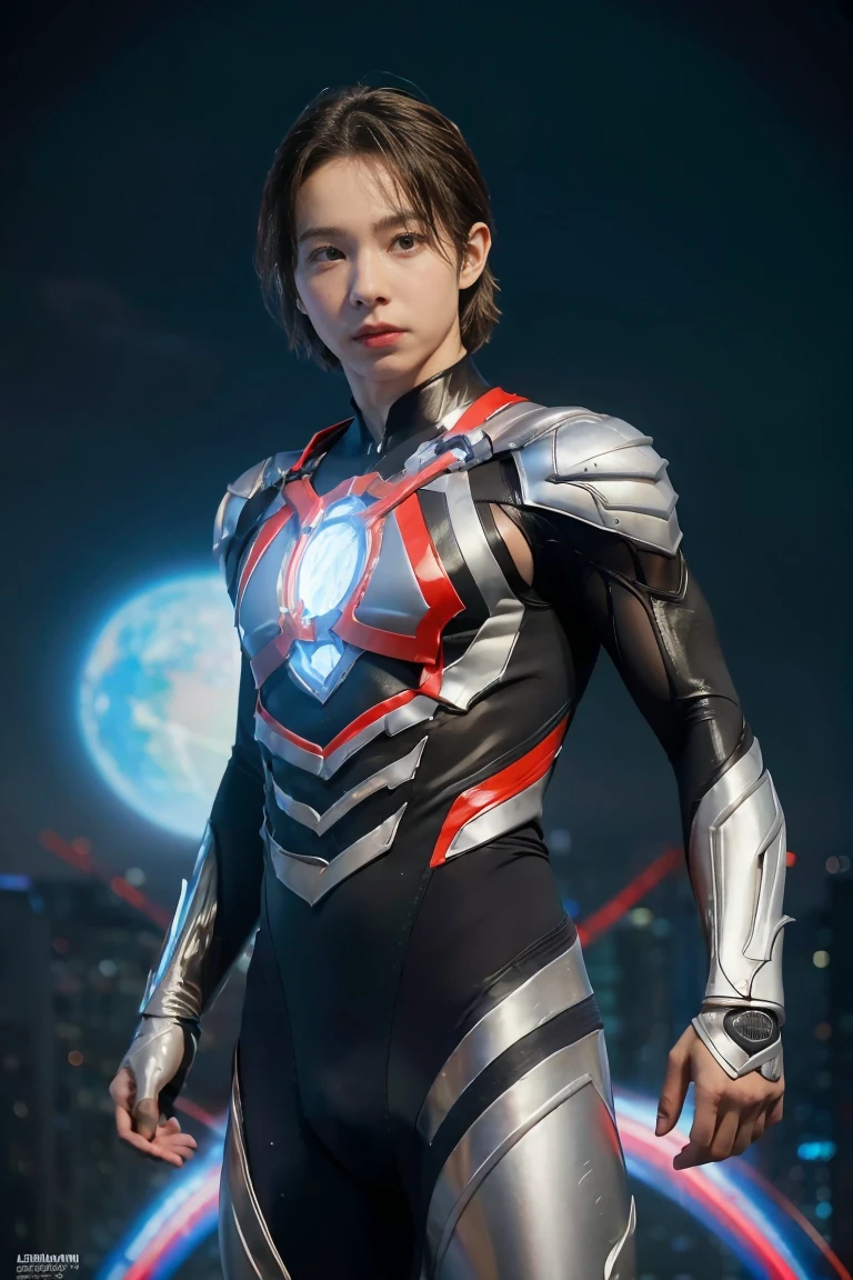 Ultraman, realistic, realistic, movie lights, young man in shiny red and silver suit, 15 years old, professional photo, skin exposed, Japanese model, Japanese CGI, sexy Ultraman suit, Power Rangers set, tight thin cyber suit, with elastic all over, delicate body, small butt, muscle, abs, lewd mark, groin tattoo, thin waist, exposed belly cyber suit on both sides skin tight, slanted eyes, sharp gaze, ponytail hair, facing forward, standing facing forward, glowing sphere embedded in chest, essay exam, blue sky background, Young beautiful boy, young handsome boy, Ultraman Boy personification, Ultraman-colored latex, Ultraman-colored rubber bodysuit, Ultraman color suit, Ultraman body suit, muscles, abs, mask off Ultraman Boy, Ultraman Boy without mask, Ultraman Boy suit, Ultraman Boy cosplay, Ultraman Boy costume, 15 year old boy's body, Ultraman Boy with face exposed, Ultraman without mask Boy, Ultraman without mask, medium-length hair, ponytail hair, color timer on chest, energy drain on chest, Ultraman Boy, boy's face, young boy with long hair, Ultraman Boy cosplayer, exposed face, 13 to 15 years old Boy, young boy's face, high definition, highest quality, best masterpiece, highest clarity, highest resolution, 8K, 16K, 32K, CG art, highest detail, Full body shot, full body view, Belly-baring Ultraman-colored bodysuit, belly-baring Ultraman-colored bodysuit, revealing bodysuit, lewd mark, crotch tattoo, abdominal muscle openwork bodysuit, abdominal muscle visible bodysuit,