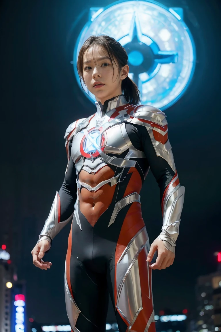 Ultraman, realistic, realistic, movie lights, young man in shiny red and silver suit, , professional photo, skin exposed, Japanese model, Japanese CGI, sexy Ultraman suit, Power Rangers set, tight thin cyber suit, with elastic all over, delicate body, small butt, muscle, abs, lewd mark, groin tattoo, thin waist, exposed belly cyber suit on both sides skin tight, slanted eyes, sharp gaze, ponytail hair, facing forward, standing facing forward, glowing sphere embedded in chest, essay exam, blue sky background, Young beautiful boy, young handsome boy, Ultraman Boy personification, Ultraman-colored latex, Ultraman-colored rubber bodysuit, Ultraman color suit, Ultraman body suit, muscles, abs, mask off Ultraman Boy, Ultraman Boy without mask, Ultraman Boy suit, Ultraman Boy cosplay, Ultraman Boy costume, 15 year old  Ultraman Boy with face exposed, Ultraman without mask Boy, Ultraman without mask, medium-length hair, ponytail hair, color timer on chest, energy drain on chest, Ultraman Boy, boy's face, young boy with long hair, Ultraman Boy cosplayer, exposed face, 13 to 15 years old Boy, high definition, highest quality, best masterpiece, highest clarity, highest resolution, 8K, 16K, 32K, CG art, highest detail, Full body shot, full body view, Belly-baring Ultraman-colored bodysuit, belly-baring Ultraman-colored bodysuit, revealing bodysuit, lewd mark, crotch tattoo, abdominal muscle openwork bodysuit, abdominal muscle visible bodysuit,