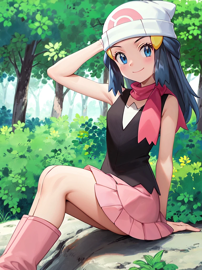 masterpiece, best quality, 1girl, dawn \(pokemon\), beanie, long hair, blue hair, blue eyes, black sleeveless shirt, pink scarf, pink skirt, pink boots, smile, looking at viewer, forest background