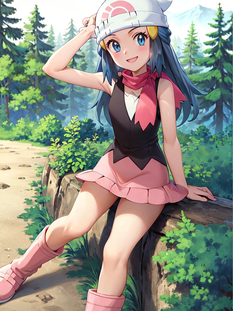 masterpiece, best quality, 1girl, dawn \(pokemon\), beanie, long hair, blue hair, blue eyes, black sleeveless shirt, pink scarf, pink skirt, pink boots, smile, looking at viewer, forest background