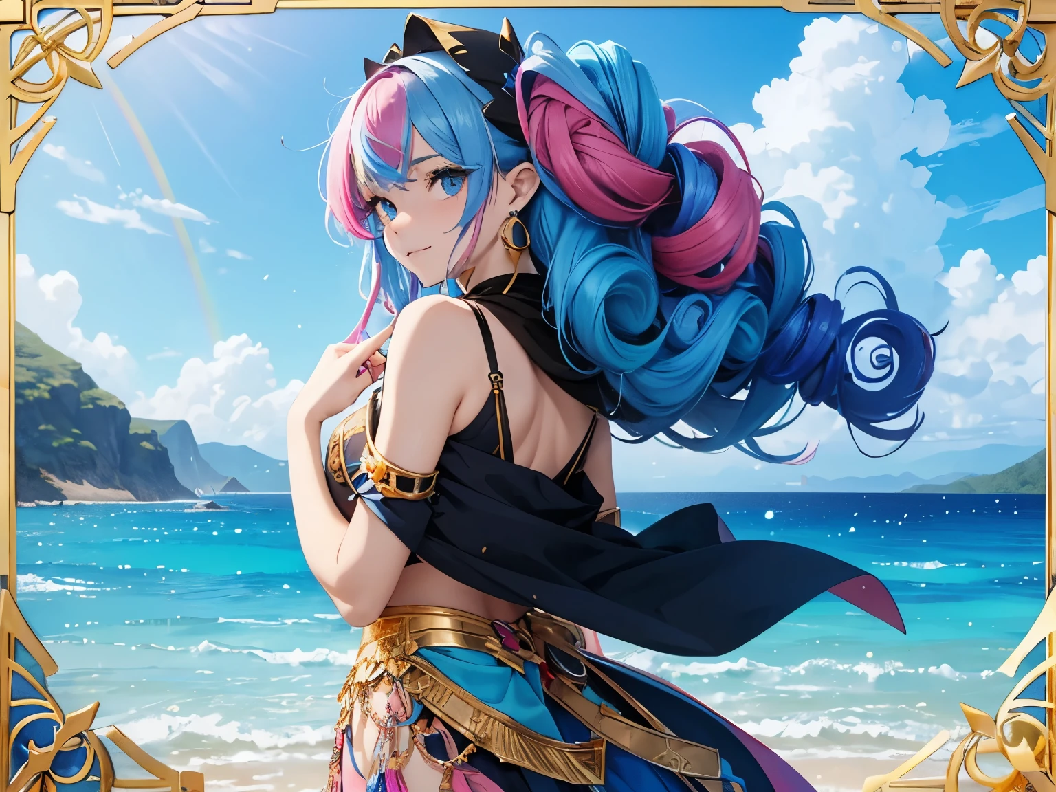 1 girl, (Rainbow Hair, Colorful hair, half blue and half pink hair: 1.2), 17 years old, blue_Sky, Holding a magic wand, summer (Oceansexist), petal_exist_liquid, Black cape with hood, Red and black tattered dress, skirt: 1.2, (gold lexistg curly hair: 1.5), Sky, outdoor, cloud, 刘Ocean, Smile, Sky blue eyes, Bare shoulders, Perfect hands, Card Details, Repair finger. earrings, Ocean + background, Watching_exist_Viewer, Cowboy shooting, Top quality, Rich details, Perfect image quality, sunrise