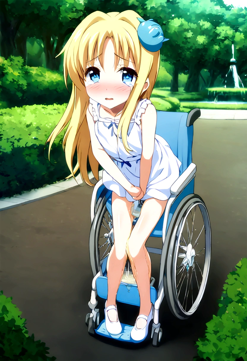 Anime. 1 girl. . . Baby. Princess. Blonde. Long hair. Blue eyes. Beautiful eyes. Perfect eyes. Expressive eyes. Eyes covered with a faded film. Blind eyes. Blind. Ideal face. Ideal anatomical body. Beautiful long legs. Beautiful body. Beautiful nose. s old. Embarrassment. Blush. Beautiful character design. Shiny skin. Light white dress. Shoes. Hair decorations. Disabled person. Paralytic. Sitting. Wheelchair. Hands on crotch. Urinary incontinence. Wants to pee. She needs to pee. She has a strong, desperate urge to pee. He squeezes his crotch tightly. Rubs copper. Slight lean forward. She peed herself. Fantasy city. A park. Date. At the entrance to a public toilet. He takes off his wet panties. Tears in my eyes. Cry. Snot flows from the nose. Full body. nsfw. Official art. Extremely detailed CG Unity 8k wallpaper. Ideal lighting. Ultra high resolution 4K. Super detailed 8K. A high resolution.